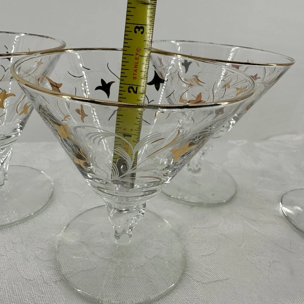 Vintage Royal Fern Martini Coupe Glasses Clear Gold Starburst Excellnt MCM Libby